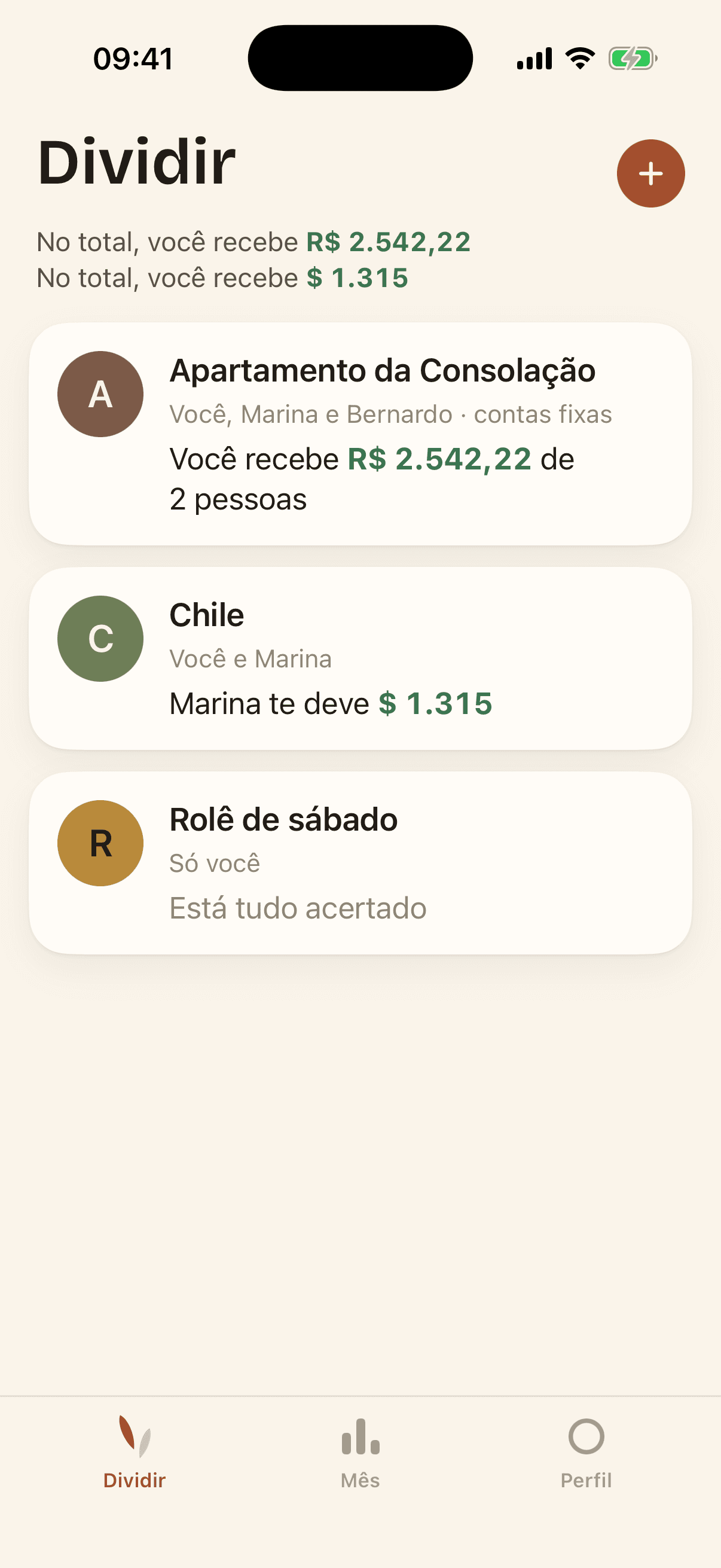 Lista de grupos do aplicativo, com os saldos de cada grupo.