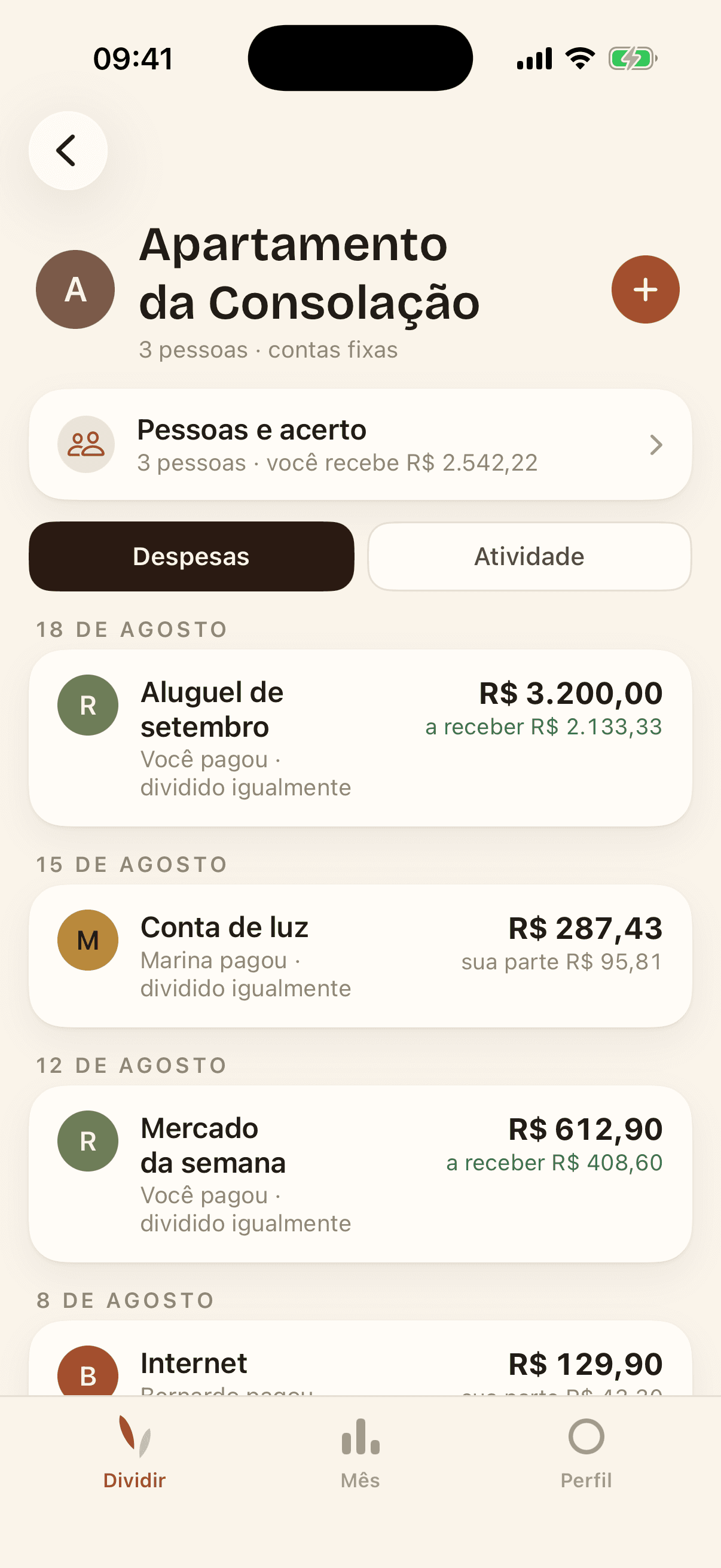 Um grupo com despesas lançadas e o bloco de acerto de contas no topo.