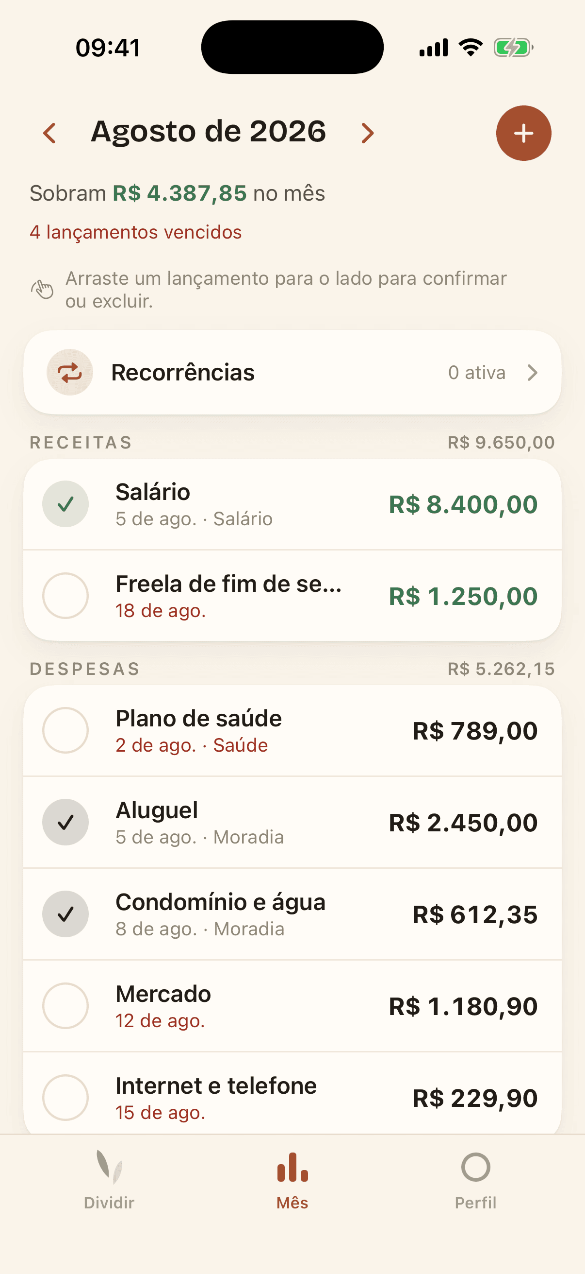 Aba Mês, com entradas, saídas e categorias do orçamento pessoal.