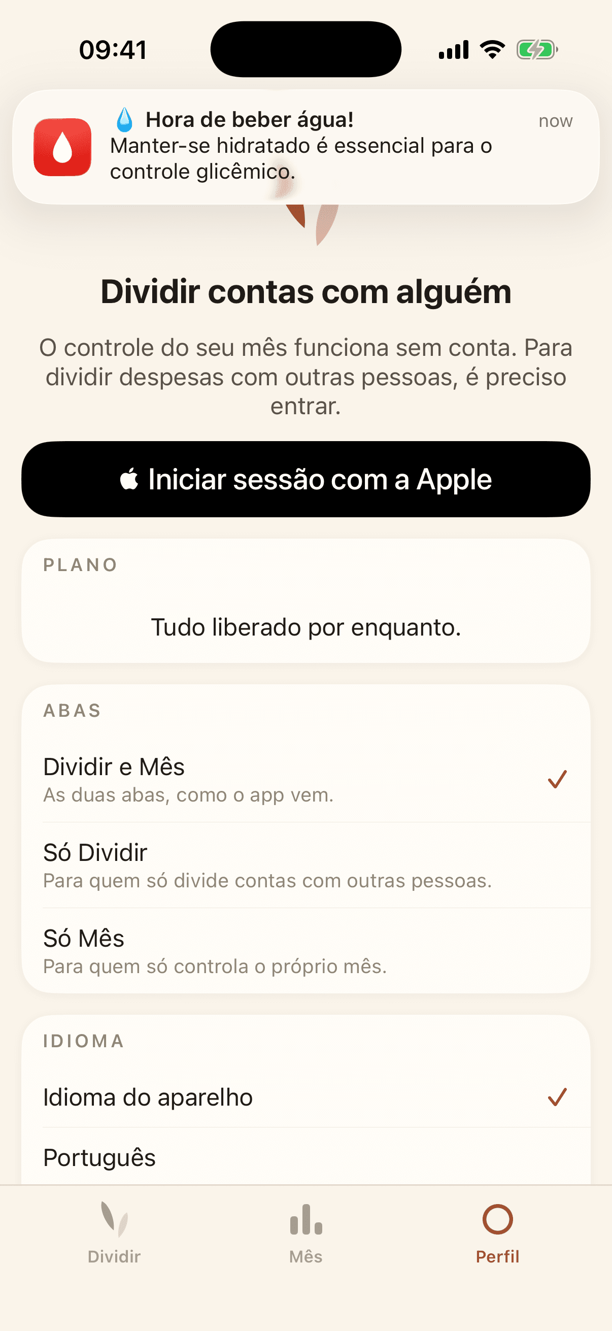 Tela de perfil, com idioma, tema, trava por Face ID, avisos e exclusão da conta.
